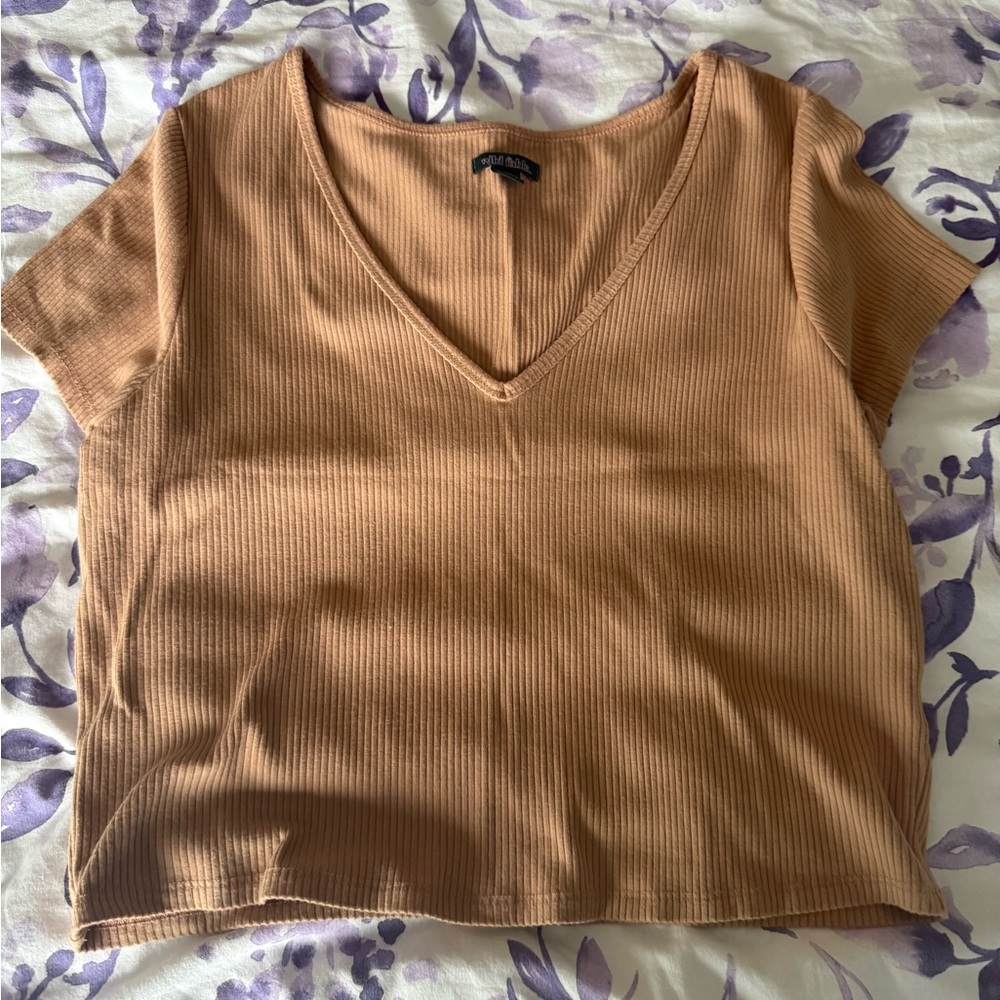Tan Ribbed V-Neck Top - Picture 3 of 4